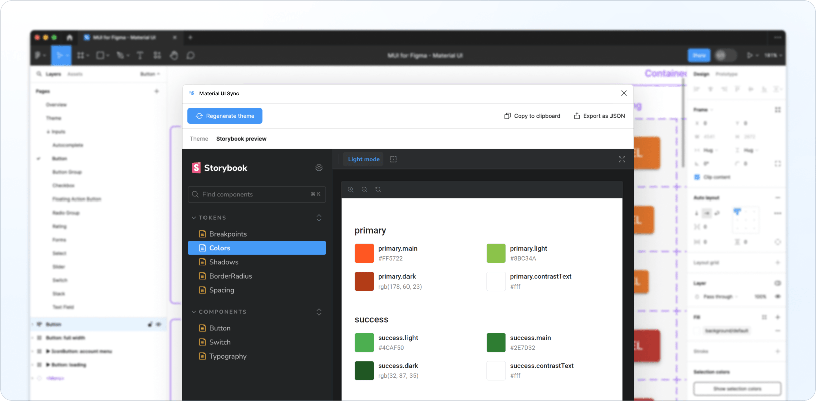 The generated theme previewed in Storybook in the Material UI Sync plugin UI.